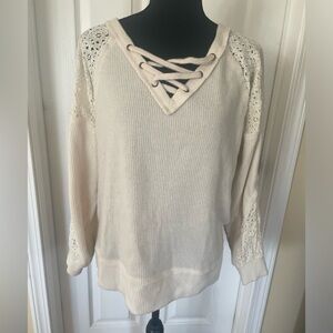 Daytrip Cream V-Neck Lace-Up Sweater